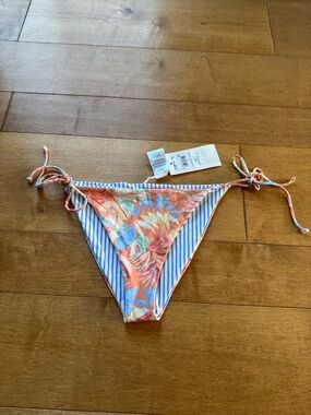 Reversible Floral & Stripe Tie-Side Bikini Bottom - Coral, Blue, White